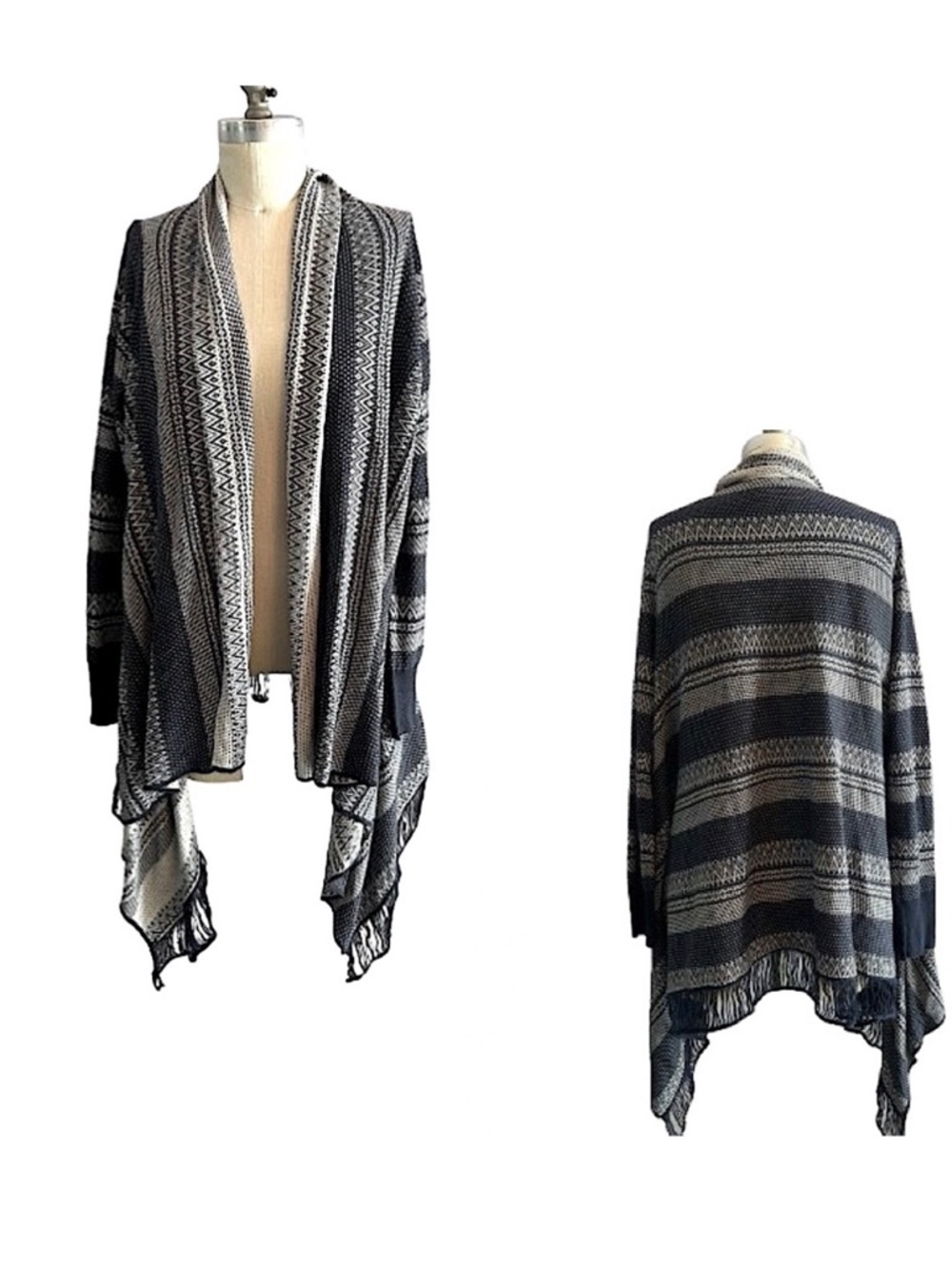Charming Charlie Tribal Pattern Blue and White Open Front Waterfall Cardigan
